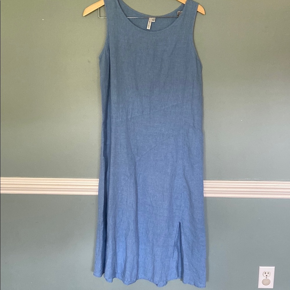 KLEEN Linen blend Tank Dress S Midi Long Stripe Black blue Lagenlook artsy